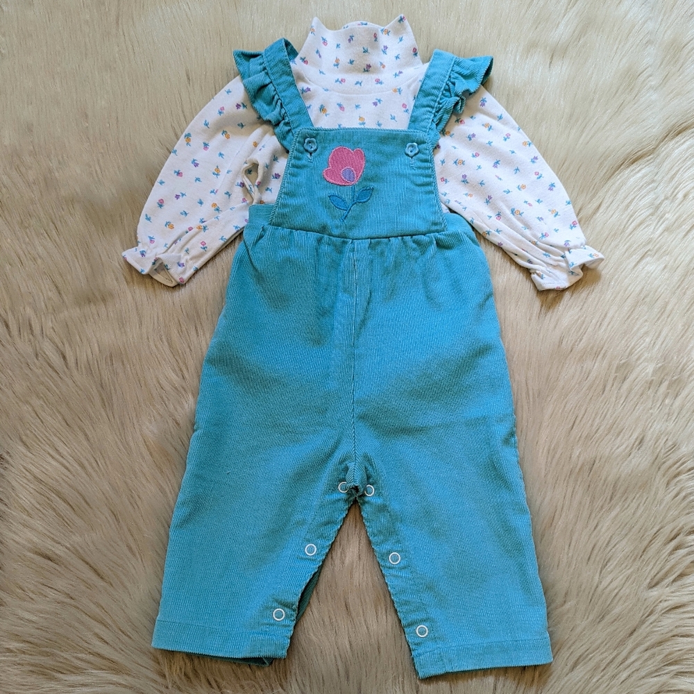 Vintage Health-tex blue corduroy overalls w/ matching shirt & ruffle str…